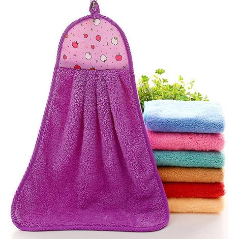 Set aus 3 lila Badetüchern und korallenfarbenen Samt-Geschirrtüchern mit Aufhängeschlaufe (1/5)