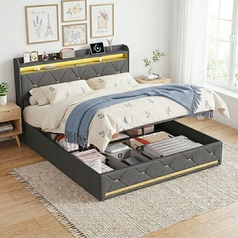 Doppelbett mit Stauraum 140x200 cm, LED & USB – Polsterbett aus grauem Leinen mit hydraulischem Bettkasten und Lattenrost