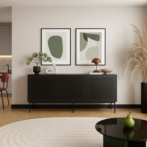 Stil Sideboard, Kommode mit Regal: 3 Türen, 3 Fächer, 150,5x42x75h cm Schwarz (1/4)