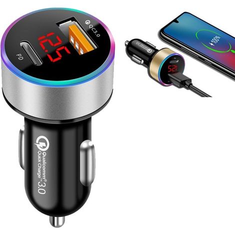 Chargeur Voiture PD + QC3.0 Rapide en Alliage d'Aluminium Argent Flocon - Compatible Téléphones et Tablettes - Double Port USB (1/5)