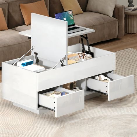 Mesa de centro elevable 100x45x43 cm de aglomerado blanco, LED, ahorro de espacio – MEUBLIV (1/5)