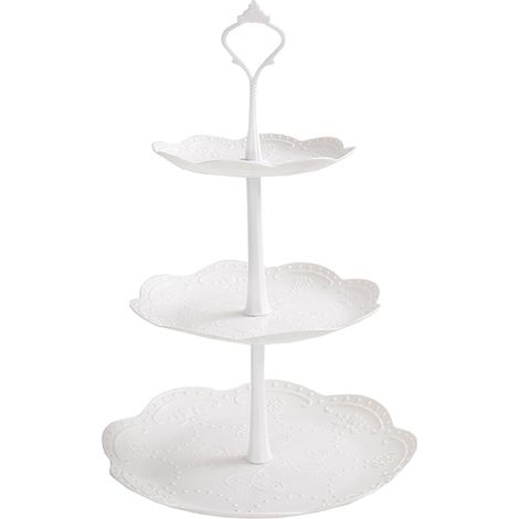 Plateau de service 3 niveaux en plastique blanc, présentoir rond pour gâteaux, desserts et fruits, 3 étages. (1/5)