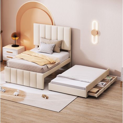 Cama tapizada clásica 90x200 cm beige con cabecero regulable, cama nido 90x190 y 3 cajones (1/5)