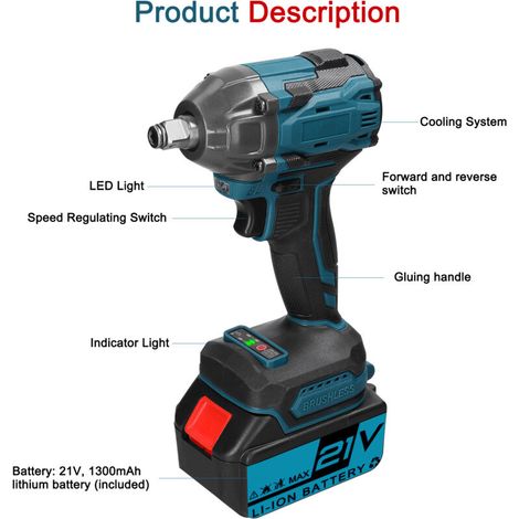 21V household electric wrench, brushless motor, high torque, power tool, convenient installation device with forward and reverse rotation, LED light switch (1/5)