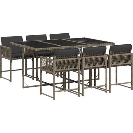 vidaXL 7 Piece Garden Dining Set with Cushions Grey Poly Rattan