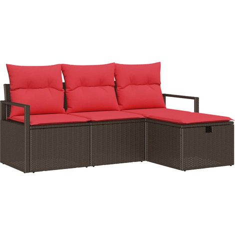 Sofa Set with Cushion Manual 4 pcs Brown and Red Poly Rattan vidaXL