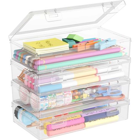 Lot de 4 Boîte à crayons, Transparente, Plastique durable, Couvercle à pression, Empilable, Bureau École Maison (1/5)