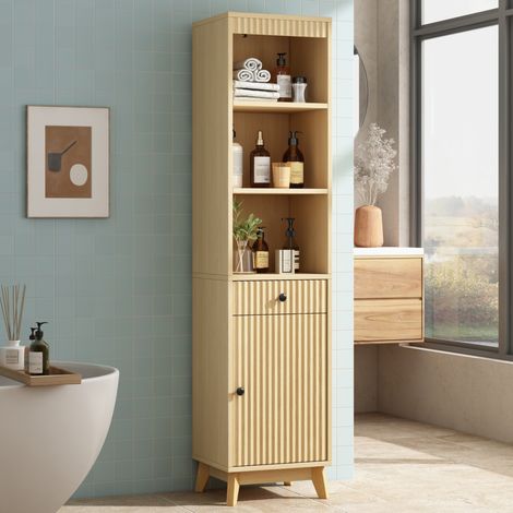 Mobile bagno alto 172 cm in MDF effetto legno naturale con cassetto e porta reversibile (1/5)