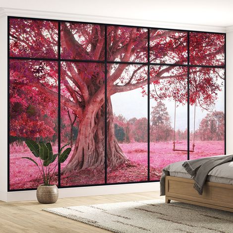 Papier peint panoramique Trompe l'oeil Verrière - Arbre fleurs roses - 130 cm x 82 cm (1/5)
