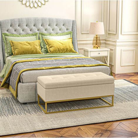 Panca contenitore 110/44/49 cm beige, imbottita con coperchio apribile e gambe in acciaio (1/5)
