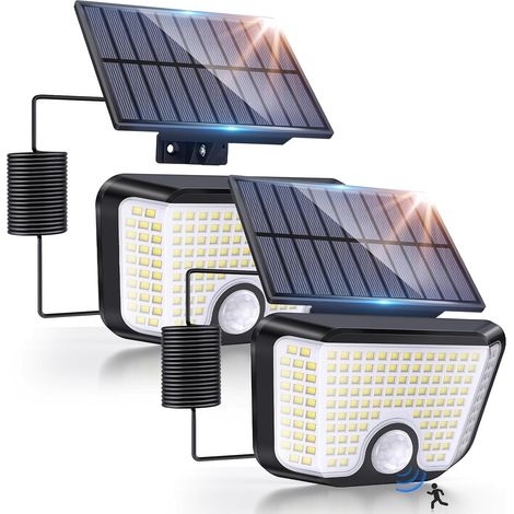 Lot de 2 lampes solaires d'extérieur avec détecteur de mouvement, 155 LED, angle d'éclairage de 270°, focalisation solaire avec 3 modes, étanchéité IP65 (1/4)