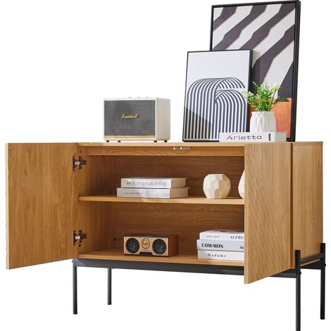 ELVMI Aparador con 2 Puertas, 1 Estante Ajustable, Patas de Metal, Salón, 100×40×75 cm, en Tablero de Partículas, Natural (1/5)