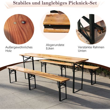 Ensemble de jardin à bière pliable 220 cm 3 pièces - 1 table pliante et 2 bancs en pin massif résistant aux intempéries gain de place supporte jusqu'à 200 kg (1/5)