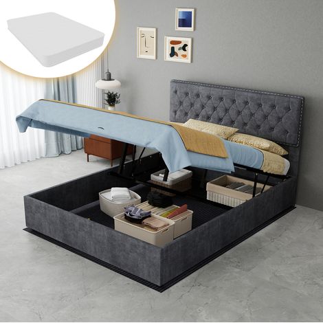 DESVIAE Lit coffre en tissu gris 140 x 200 cm avec tête de lit haute sommier à lattes rangement sous le lit matelas inclus (1/5)