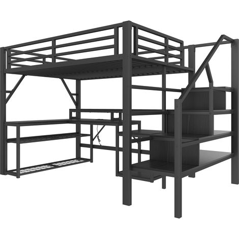 Cama alta 140 x 200 cm de metal negro con escritorio, almacenaje, LED y USB (1/5)