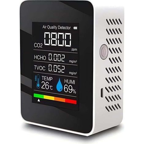 5-in-1 Kohlendioxid-Detektor, CO2-Detektor für die Raumluftqualität, digitales TVOC-HCHO-Messgerät, Temperatur- und Feuchtigkeitsmonitor, Hintergrundbeleuchtungstester (Weiß) (1/5)