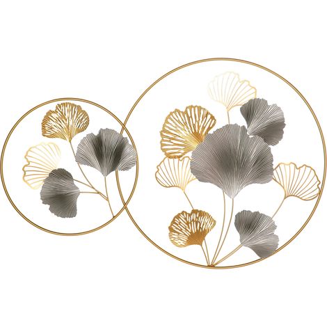 3D-Wanddekoration aus Metall, goldenes Ginkgo-Bild in zwei runden Rahmen, 102 x 66,2 cm, Gold und Silber.