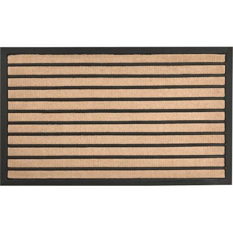 Felpudo moderno de interior 45 x 75 cm motivo a rayas reverso de caucho antideslizante poliéster natural y negro Zagros