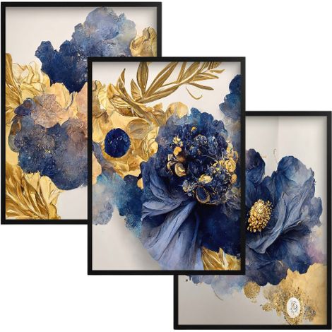 Affiches décoratives triptyques, tableaux muraux à fleurs dorées pour le salon (1/5)