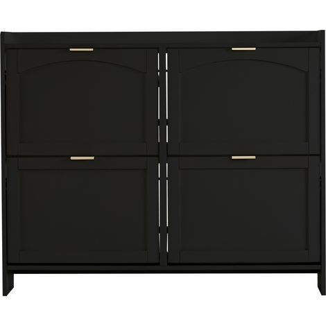 Moderne schwarze Schuhkommode mit 4 Klapptüren, freistehend 110 x 90 x 24 cm (1/5)