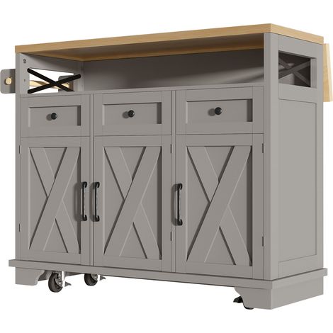 ELVMI Küchenwagen mit 3 Schubladen, Klappbarer Platte, Rollen und Handtuchhalter, 118 x 43-80 x 98 cm, Grau (1/4)