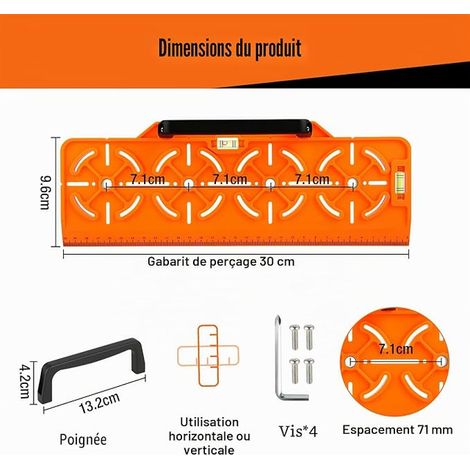 Gabarit de Perçage Boîte Cloisons Sèches Niveau Règle Outil Installation Électrique Orange (1/4)