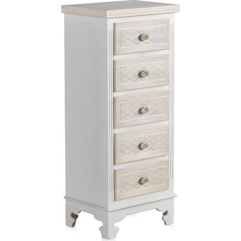 Chiffonnier bois blanc romantique 5 tiroirs crème élégant - Blanc crème texturé (1/2)