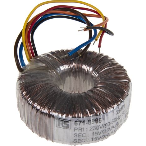 Rs Pro – Transformateur torique 2 sorties 230V c.a. 2 x 15V c.a. 50VA – Courant 1.667A – Pour applications électriques professionnelles