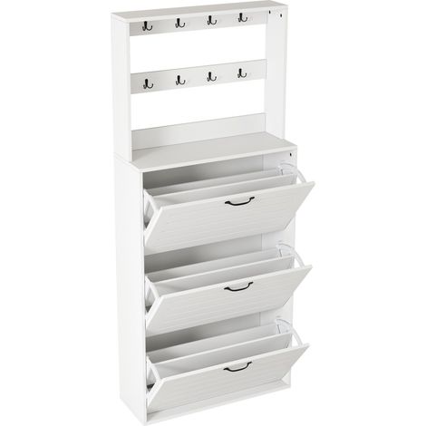Schuhschrank mit 3 Türen und 8 Haken, platzsparendes Flurmöbel aus weißer Spanplatte (1/5)
