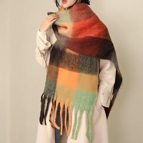 Grand châle d'hiver surdimensionné pour femme - Tricot épais à carreaux - Long et chaud - Confortable et élégant - Usage quotidien (1/5)