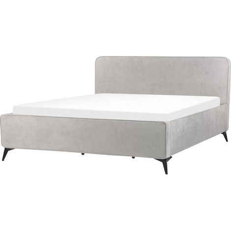 Cama de tela 180 x 200 clásico minimalista cabecero patas de metal negras dormitorio gris claro Valognes