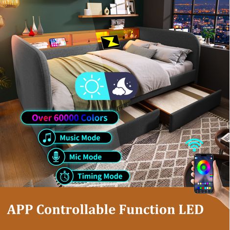 Tagesbett 140 x 190 cm, Schlafsofa mit LED und USB-C, 2 Schubladen, Grau, ohne Matratze (1/5)