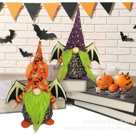 Lot de 2 figurines nains lumineuses Halloween ailes de chauve-souris, poupée sans visage Rudolf lumineux, décoration cadeau homme + femme, taille unique (1/5)