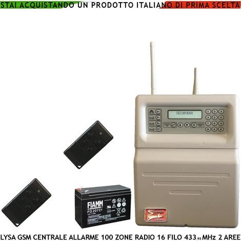 Centrale Antifurto 100 Zone Radio 16 Filo Lysa GSM 433,92 MHz 2 Radiocomandi Bidirezionali 4 Canali Batteria 12 V 7 Ah Memoria Eventi App Sydra Android Codici Utente e Tecnico Ascolto Ambientale (1/5)