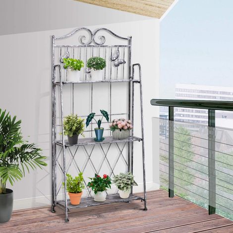 Étagère à plantes métal pliable 3 niveaux avec effet antique, support floral décoratif et gain de place, gris, 44 x 25 x 96 cm, pour jardin et intérieur - CHICFURN (1/5)
