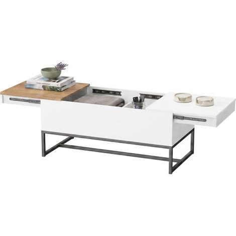 Table Basse Extensible avec Plateau Coulissant, Table de Salon avec Rangement Caché et Pieds en Acier, Blanc (1/5)
