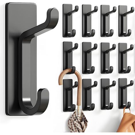 12 ganci parete adesivi robusti per asciugamani borse accappatoi zaini giacche vestiti bagno dormitorio armadio cucina, nero