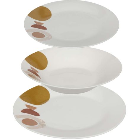 Service vaisselle 18 pièces en porcelaine – 6 assiettes plates 26,1 cm – 6 assiettes creuses 20 cm – Motifs géométriques – Compatible micro-onde et lave-vaisselle – Secret De Gourmet