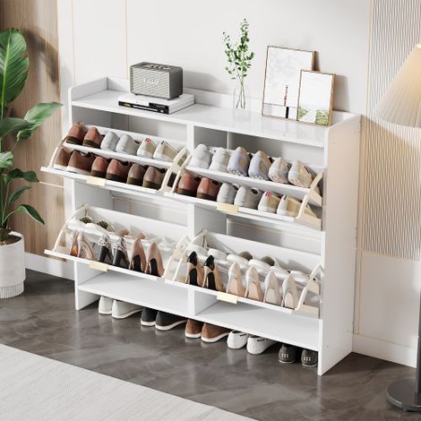 Meuble à chaussures de style moderne — Doté de 4 compartiments basculants, d'un range-chaussures indépendant et d'étagères ouvertes — Idéal pour les entrées ou les couloirs
