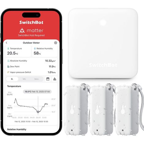 WiFi Thermo-hygromètre 3 Pièces avec Hub Mini, Thermomètre IP65, Capteur de température/de point de rosée/VPD/d'humidité absolu avec alertes intelligentes, Fonctionne avec (1/5)