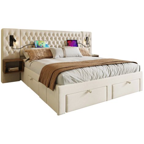 Bettanlage Schlafzimmer Komplett Set,Polsterbett Hydraulisch Stauraumbett Doppelbett mit 2 Nachttischen, Kopfteil Leselicht mit USB Ladefunktion