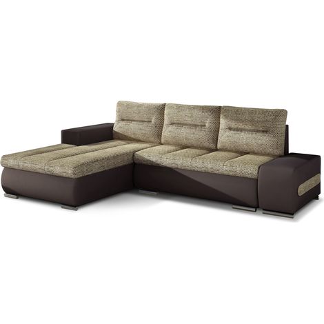 Canapé convertible angle gauche tissu beige chiné et simili marron Waker 275cm (1/5)