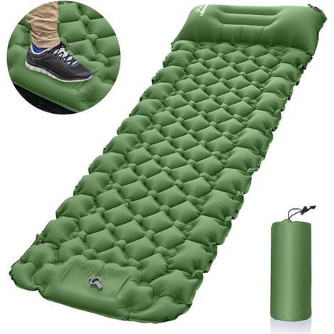 Matelas de camping autogonflant, matelas de sol avec oreiller et pompe à pied, matelas gonflable ultraléger et portable pour le camping, les voyages et la randonnée, vert (1/5)