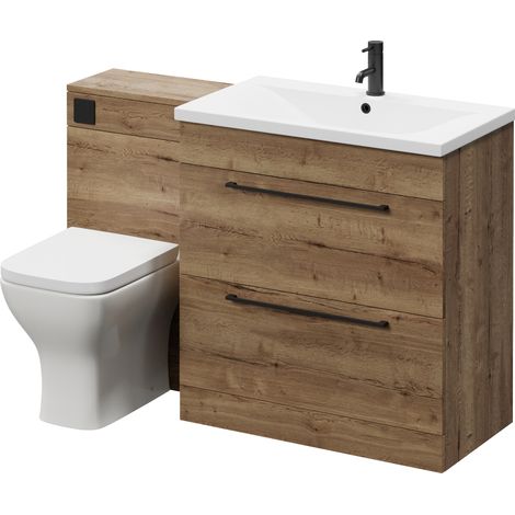 Napoli 460 Tobacco Oak 1300mm 2 Drawer Vanity Unit Toilet Suite with Glide Basin - 1300mm - Matt Black 480mm HandleWith Kingston Toilet Pan and Seat