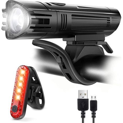 Kit de luces LED superbrillantes para bicicleta, luces delanteras y traseras LED, carga USB, batería de 2000 mAh, resistente al agua, 4 modos, para bicicletas de montaña y de carretera. (1/5)