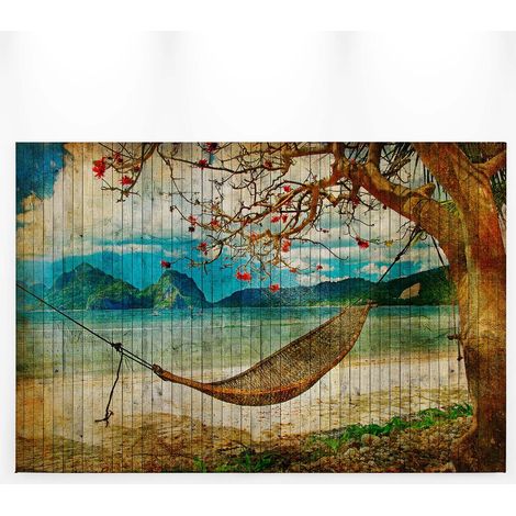 Tableau été hamac au bord de mer | Tableau mer & plage turquoise tropical | Tableau effet bois parfait pour salle de bain 0,9 x 0,6 m (1/5)