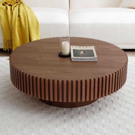 Runder Couchtisch aus MDF in Walnussfarbe/Natur/Schwarz, Ø80x35 cm, mit handgefertigtem Massivholz-Rahmen im Rillendesign, stabil & verzugsfrei, moderner Holztisch für Wohnzimmer (1/5)