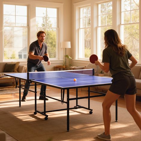Mesa de ping-pong plegable y portátil, con 2 palas, 3 pelotas, estructura metálica, 274 x 152,5 x 76 cm, color azul. (1/5)
