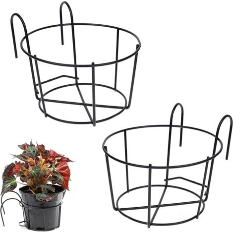 Support mural pour plantes, 2 crochets ronds en métal, porte-pot de balcon, support de clôture pour jardinières, noir. (1/5)
