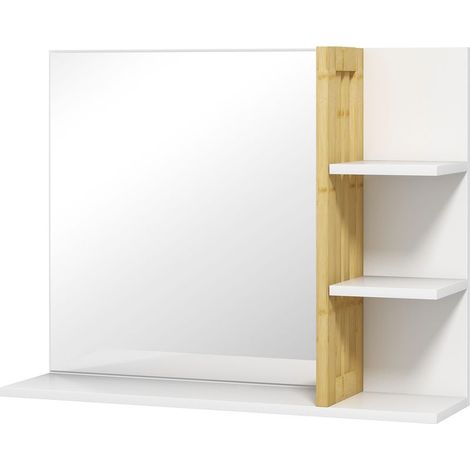 Miroir mural de salle de bain avec 3 étagères latérales 1 étagère inférieure en bambou 45 x 15 x 58,5 cm blanc (1/5)